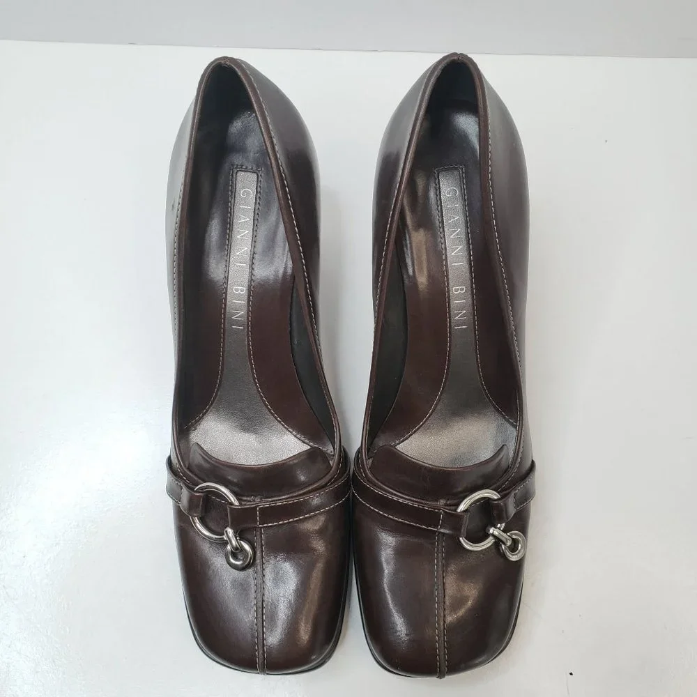 Gianni Bini Square Toe Pump Sz 7 Brown Leather Slip On Heeled Career Dress Shoe - Picture 2 of 11